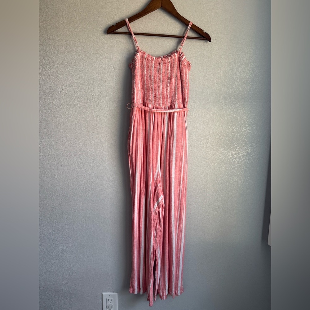 LOFT Women’s Smocked Wide Leg Romper Tank Beach Boho Coral Striped Size M - Picture 2 of 6